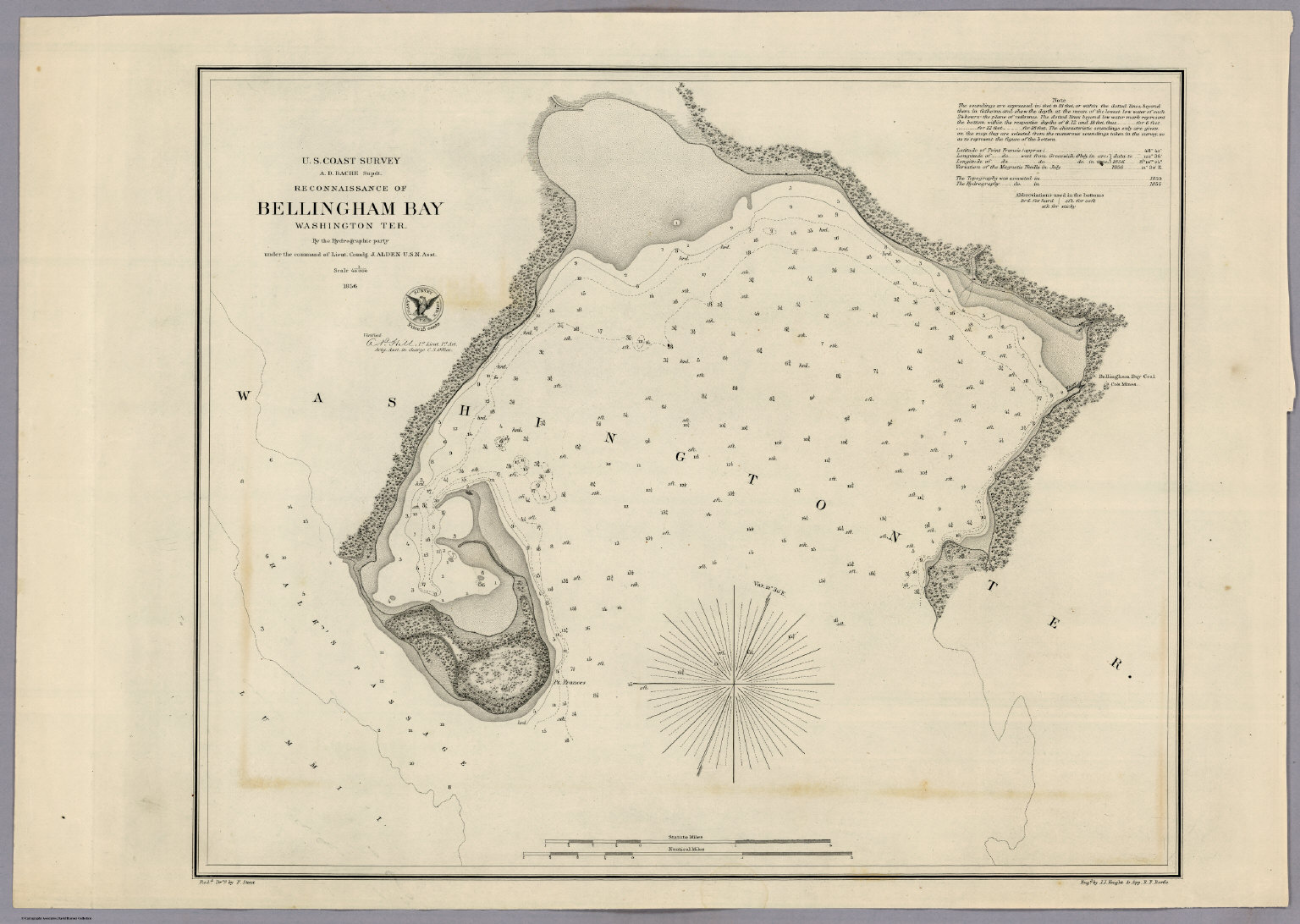 U.S. Coast Survey A.D. Bache Supdt. Reconnaissance of Bellingham Bay, Washington Ter. By the Hydrographic party under the command of Lieut. Comdg. J. Alden U.S.N. Asst. 1856. U.S. Coast Survey Office. David Rumsey Map Collection, David Rumsey Map Center, Stanford Libraries.