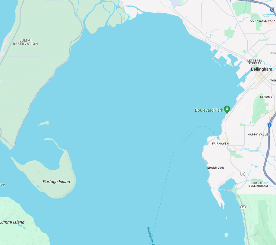 A google maps screenshot of the map of Bellingham Bay